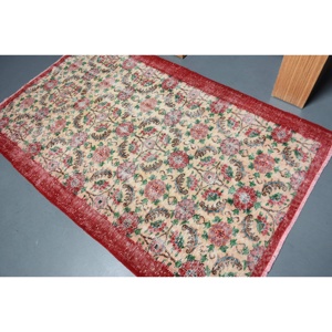 4x6.6 ft Area Vintage Rug, Turkish Rug, <b>Red</b> Green Solid <b>Wool</b> Rug - Product Image 4