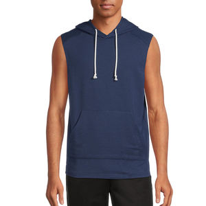 <b>Men's</b> Custom Made Navy Blue Pullover <b>Sleeveless</b> <b>Hoodie</b> Winter Collection with Front Pocket and Strings in Hood on Sale! - Product Image 1