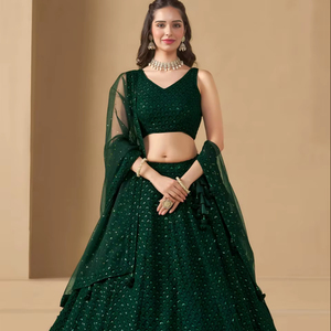 Lehenga Choli élégant vert bouteille en polyester Georgette, longueur ras du sol, séchage rapide, broderie de sequins Resham, style Bollywood pour les fêtes - Product Image 1