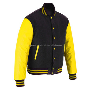 2026 OEM Men's Hot Selling Black <b>Wool</b> With <b>Yellow</b> Leather Sleeves Varsity Jacket 100%High Quality Low MOQ Heated Fashion Jackets - Product Image 5