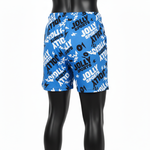 Shorts de sport pour femme en poly-spandex extensible de haute qualité, imprimé graphique bleu, tissu respirant, logo sublimé. - Product Image 5