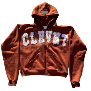 100% algodón térmico personalizado calidad Premium peso pesado cremallera completa básicos parches bordados sudaderas lavado ácido hombres sudaderas con capucha - Product Image 5