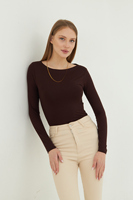 Body de Manga Larga con Cuello Redondo para Mujer, Ajuste Delgado, Color Sólido, Tejido de Punto, Mezcla de Algodón y Elastano, Estilo Minimalista, para Todas las Temporadas