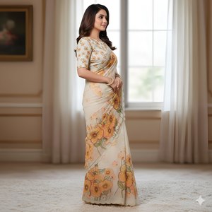 Sari en soie organza Tebi pur avec impression numérique et travail manuel de paillettes, bordure festonnée, sari de soirée de créateur - Product Image 6