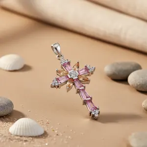 Colgante de Plata 925 para Mujer, Hecho a Mano, Oro Blanco y Oro Rosa con Baño de Rodio, Gema Rosa y Amarilla, Cruz, Amuleto Religioso - Product Image 1