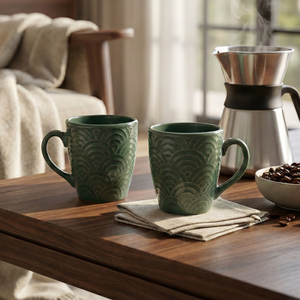 Juego de 2 Tazas de Café de Cerámica de Diseño Japandi Verde Pino, Aptas para Lavavajillas, Hermosas Tazas para Leche, Ideales para Regalos - Product Image 1