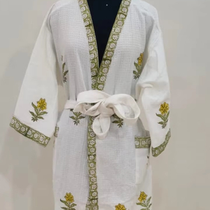 Main Bloc Imprimé Premium Coton Gaufré Tissu Peignoir Blanc Floral Brodé Casual Printemps Maxi Robe Parti Style - Product Image 1