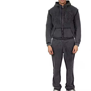 Survêtement à fermeture éclair lavé à l'acide lourd Vintage French Terry Hoodie Sweatpants Set Custom Pure Cotton Straight Leg Flared Winter - Product Image 6