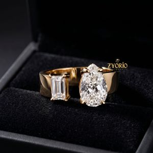 925 Sterling <b>Silver</b> Pear & <b>Emerald</b> Cut Lab Grown Diamond Open Band <b>Ring</b> for Women - Product Image 3