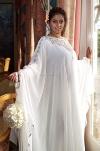 Pearl White <b>Plus</b> <b>Size</b> Loose Butter Fly Style <b>Kaftan</b> With Silver Shiny Beads Work - Product Image 1