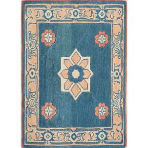 Tapis en laine noué à la main Nuray Blue 9x12, motif médaillon rectangulaire en puzzle pour entrée, couloir, salon, modèle Pae-274 - Product Image 1
