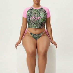 Women Plus Size Eco-Friendly Stretch Camo Letter Print Bikini Set Crop <b>Top</b> Tie Side Thongs Pink Accents Spandex Front/Waist - Product Image 3