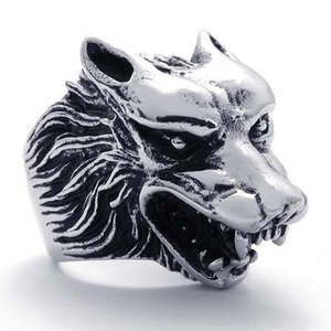 Anillo de motociclista con cabeza de lobo de acero inoxidable plateado para hombre, vendedor estadounidense, anillos finos, tamaño 7-15 SR57 - Product Image 3