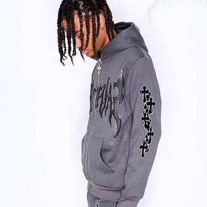 Puff Print Custom Logo Flare Sweatsuit <b>Men's</b> Tracksuit 100% cotton Fleece Raw Hem Hooded Flared <b>Sweat</b> <b>Pants</b> <b>Men</b> Zip Up Sweatsuit - Product Image 2