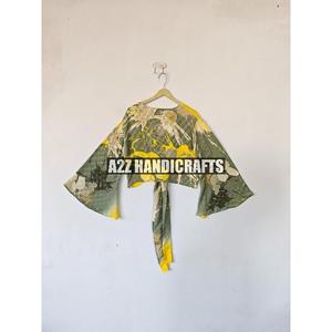 เสื้อครอปลายดอกไม้ของผู้หญิงทำด้วยมือเสื้อเบลาส์ผูกคอวีลึกแขนยาวผ้าไหมลำลองผูกเชือกเสื้อเบลาส์เซ็กซี่วินเทจ - Product Image 6