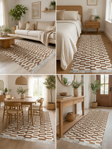 Tapis décoratif Dhurrie réversible en coton fait main, motif géométrique flèche marron terreux, avec franges à pompons pour salon - Product Image 4