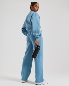 Qualité supérieure Vintage bleu femmes jambe large Joggers éponge polaire taille élastique hiver pantalons de survêtement - Product Image 5