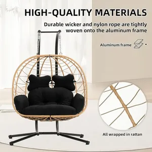 Double chaise en osier intérieure/extérieure balançoire à oeufs hamac pliable causeuse <span class=keywords><strong>suspendue</strong></span> avec support, balcon, <span class=keywords><strong>jardin</strong></span> (jaune et noir) - Product Image 4