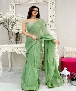 FANTAISIE GEORGETTE SÉQUENCE BRODERIE TRAVAIL SAREE AVEC BLOUSE NON COUCHÉE VÊTEMENT DE FÊTE PRIX DE GROS VÊTEMENT ETHNIQUE PERROT - Product Image 1