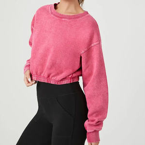 Custom Design Winter Autumn Printed Washed Cotton Fleece Body Elastic Border Hem Crewneck Pullover Sweatshirts for Women - Product Image 3