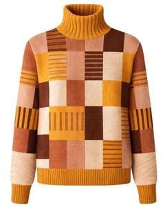 Pull en tricot patchwork à col roulé pour femme, personnalisé, de qualité supérieure, doux, chaud, pull d'hiver décontracté, haut tendance, couleur marron moutarde - Product Image 1