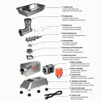Hachoir à viande commercial 150 kg/h en acier inoxydable, machine électrique de traitement de la viande avec interrupteur étanche et accessoire de boucher, avec poussoir à saucisses
