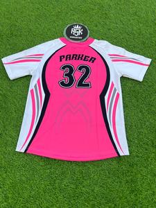 Camiseta de Béisbol Personalizada con Logotipo, Cómoda, Transpirable, Sublimada, Cuello Redondo, Manga Corta, Uniforme Deportivo Rosa y Blanco - Product Image 3