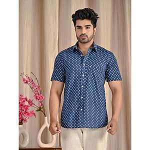 Camisa de Algodón Popelina Azul Estampada de Manga Corta para Hombre, Transpirable, Estilo Casual, Accesorio de Moda ODM - Product Image 3