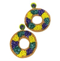 Boucles d'oreilles pendantes tendance Mardi Gras en perles de rocaille, motif gâteau du roi, couleur violet/jaune-vert, bijoux unisexes de la Nouvelle-Orléans