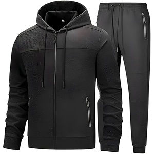 Ensemble de survêtement noir à capuche pour homme, fermeture éclair intégrale, sweat-shirt et pantalon sportifs, couleur unie, polyester respirant, vêtements d'automne - Product Image 1