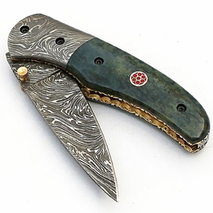 Couteau de poche pliant damas personnalisable étui de ceinture pochette en cuir manche en bois couteaux pliants imprimés logo affichage OEM - Product Image 4