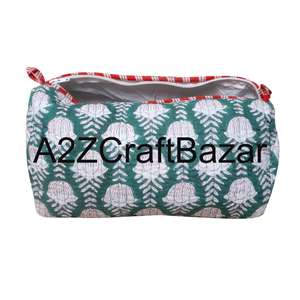 Indian Quilted Eco-Friendly Reusable Zipper Closure Cotton Cosmetic <b>Case</b> Soft Handle Large Capacity <b>Makeup</b> Pouch Women's <b>Travel</b> - Product Image 5