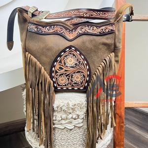 New Luxury Tassels Design Hand Tooled Leather Ethnic Style Custom Cowgirl Fringe <b>Bag</b> Genuine Suede Leather Handbag for Women's - Product Image 1