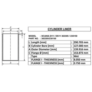 D11/ds11 363305/230150 untuk liner silinder basah oe 363305/230150 id 127 od 139.916 panjang 290.703 dibuat di india