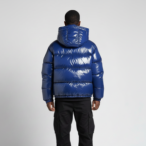 Wholesale Shiny Blue Color Zipper Style Men's Puffer <b>Jacket</b> Lightweight Fabric Solid Pattern Cotton Filled Hooded Bubble <b>Jackets</b> - Product Image 2