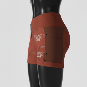 Shorts de mujer de algodón premium con elastano, color granate, con pedrería dorada y logotipo personalizado por transferencia térmica. - Product Image 3