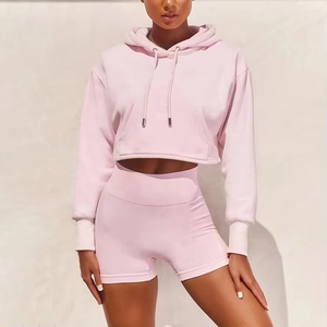 Venta al por mayor en relieve Puff Imprimir Crop Top Mujeres Sudadera con capucha Conjunto de logotipo personalizado de diseño de impresión de alta calidad recortada Mujeres Sudadera con capucha - Product Image 5