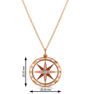Pendentif boussole en or rose 14 carats avec saphir rose de 0,19 ct et accents de diamants, style religieux personnalisable - Product Image 1