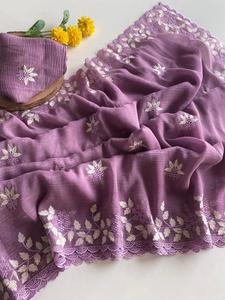 NOUVEAU Saree en georgette scintillante avec un beau design de feuille de fil blanc - Product Image 4