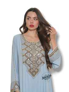 Ensemble de luxe 2 pièces pour femmes musulmanes, robe modeste simple en mousseline de soie unie avec perles, longueur ras du sol, coupe trapèze, pour fêtes et mariages, ornée - Product Image 3