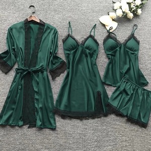 Exquisito Conjunto de 4 piezas camisón de encaje verde con cuello en V sujetador Panty verano ropa de casa-nuevo conjunto de pijama de camisón dividido transparente - Product Image 1