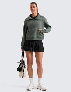 Sudadera con media cremallera y forro polar para mujer, Jersey suave, cuello embudo, manga larga con bolsillos, agujeros para el pulgar para el invierno - Product Image 2