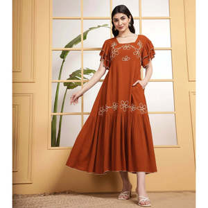 Deebaco Women's A-Line Brown Viscose Maxi <b>Dress</b> Ruffle Sleeves Scoop Neck Loose Fit Summer Dropped Waist Pockets - Product Image 6