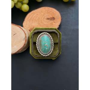 Navajo-Made <b>Ring</b> Kingman Turquoise Sterling <b>Silver</b> Size 7.5 Bezel <b>Set</b> Inlay Rose Gold 18K Plating Gift Licensed Private 'IS' - Product Image 1
