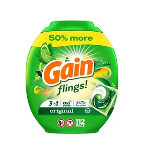 Gain Flings Packs de detergente para ropa, 112 unidades, aroma original, 3 en 1 HE Packs de detergente con Oxi Boost y Febreeze - Product Image 1