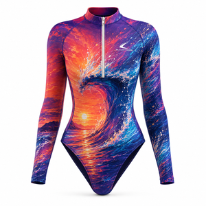 Wholesale Women's Long Sleeve One Piece Rashguard <b>Mock</b> <b>Neck</b> Half Zip High Cut Leg UPF 50+ Stretch for Beach Swimwear - Product Image 3