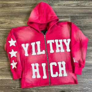 400Gsm Custom Applique Patch work Broderie Crop Hoodie Zip up Sweatshirt Acid Wash Vintage Washed Men Fleece Streetwear Hoodie - Product Image 1