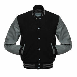 Veste varsity noire pour homme avec manches en cuir PU gris, col rabattu, vêtement décontracté pour l'automne - Product Image 1