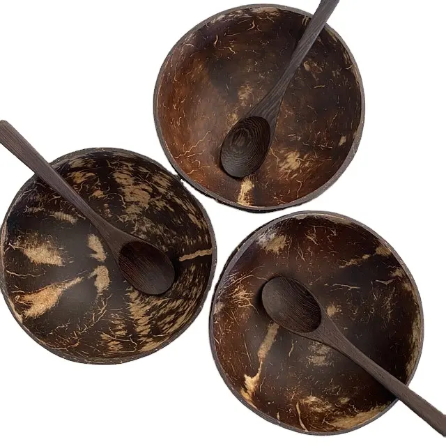 "Premium Kokosnuss schalen mit Löffeln (4er-Set) | Hergestellt aus Kokosnuss schale | Bio, hand gefertigt, vegan, natürlich, Bambus, Holz