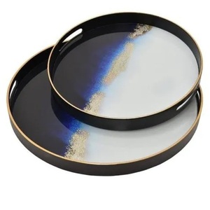 Plateau de service en métal au design exclusif avec motif imprimé en émail, vaisselle, plat de service alimentaire, plateau de service pour hôtels, bleu foncé - Product Image 3